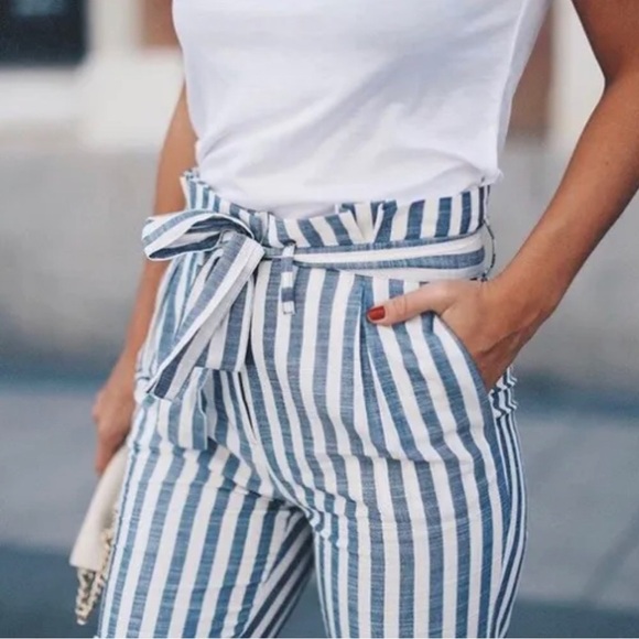Tie Waist Belted Cigarette Trousers Striped Pants - Picture 3 of 8